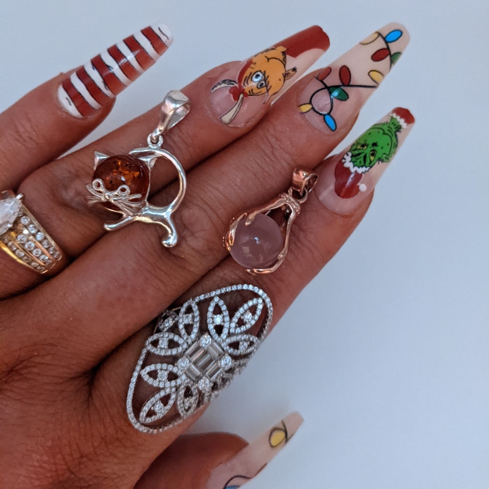 Amber Cat and Rose Quartz Fortune Teller Hand Motif Vintage Pendants S. Silver